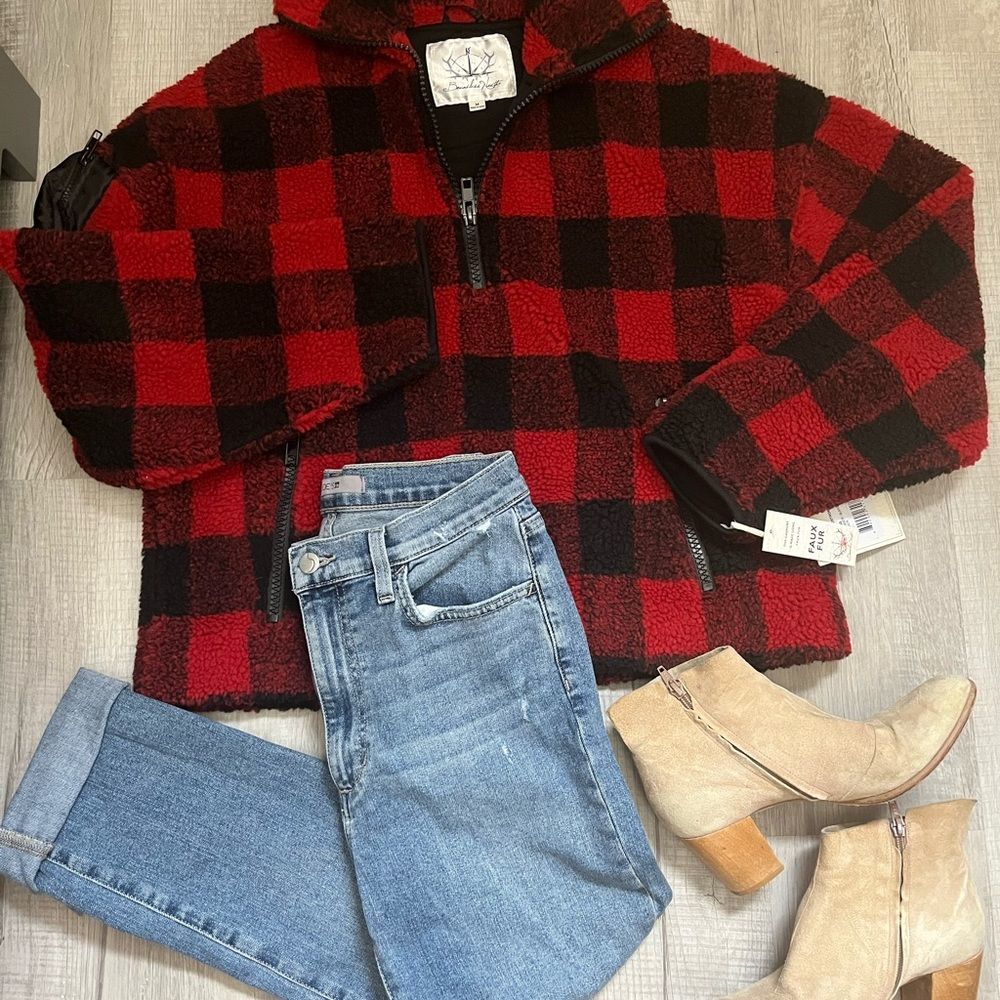 NWT NORDSTROM Faux fur cabin buffalo plaid thick fleece pullover 1/2 zip…